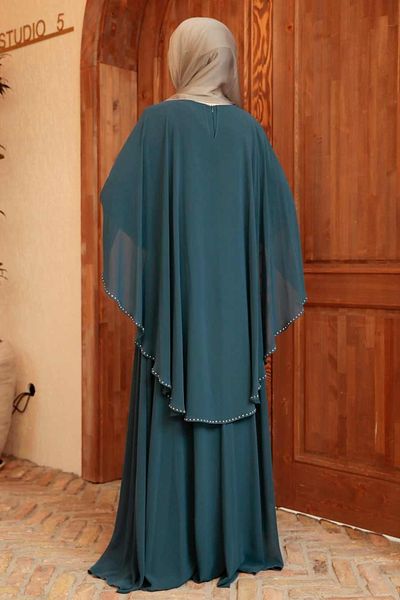 Neva Style Rochie de seara hijab albastru petrol cu ​​pelerină 91501pm