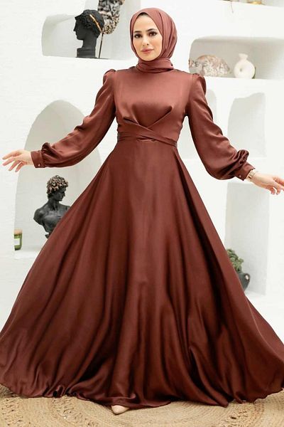 Neva Style Brown Hijab Evening Dress with Binding Detail 3064Kh