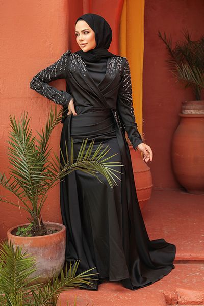 Neva Style Rochie de seară din satin hijab negru cu trenă 43381s