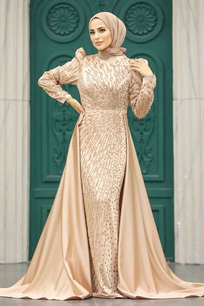 Neva Style Hijab Evening Dress - Gold Hijab Satin Evening Dress with Tail 23310Gold