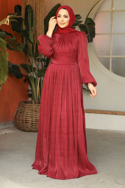 Neva Style Balloon Sleeve Burgundy Hijab Evening Dress 45191Br