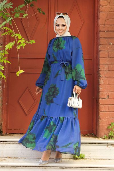 Neva Style Rochie Hijab cu imprimeu floral albastru Indigo - 60942IM