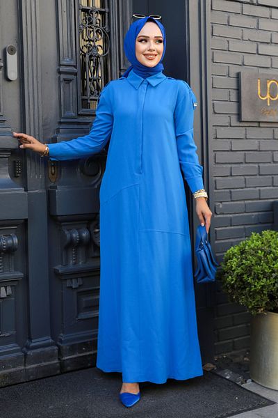Neva Style Rochie Hijab Albastră - Detaliu Nasturi, Model 12501M