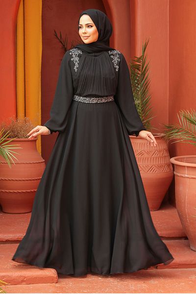 Neva Style Drape Detailed Black Hijab Evening Dress 25879S