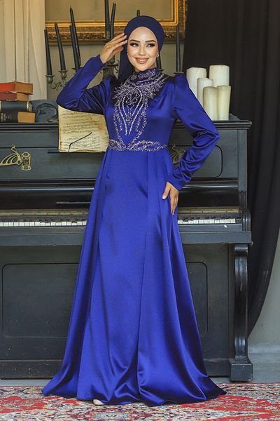 Neva Style Βραδινό φόρεμα με ουρά Navy Blue Hijab Satin 25878l
