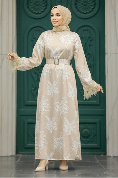 Neva Style Rochie Hijab Bej cu Motiv 77301bej