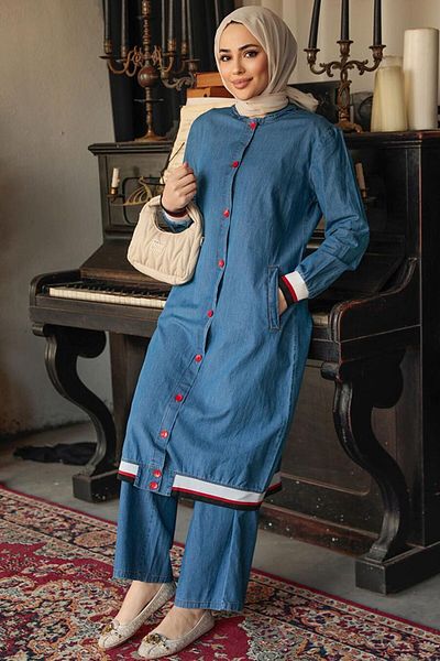 Neva Style Buttoned Dark Blue Hijab Jeans Double Suit 19016KM