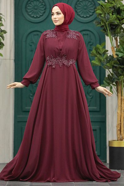 Neva Style Burgundy Hijab Evening Dress with Bead Detail 22113Br