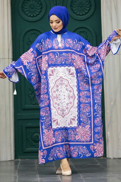 Neva Style تونيك حجاب أزرق نيلي منقوش عرقيًا 20512ım