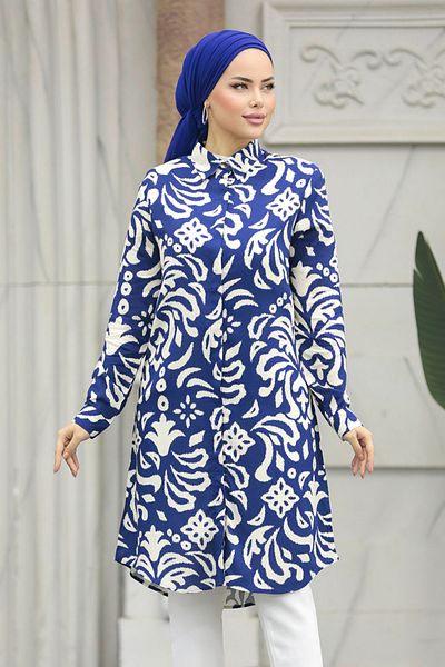 Neva Style Μοτίβο Navy Blue Hijab Viscose Tunic 11662l