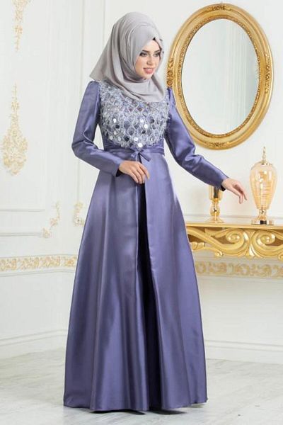 Neva Style Rochii de seara cu hijab - tafta rochie de seara musulmana liliac inchis 3755klıla