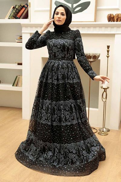 Neva Style Βραδινό φόρεμα με μοτίβο μαύρο χιτζάμπ 875s
