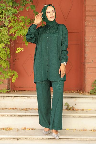 Neva Style طقم حجاب مزدوج من الجلد باللون الأخضر الزمردي - 12501ZY