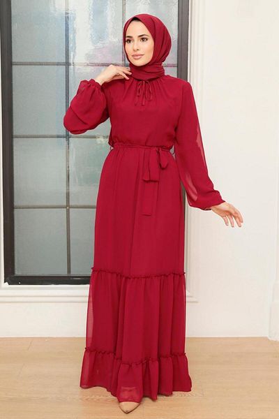 Neva Style Rochie Hijab Roșu Claret Pliat 5726br