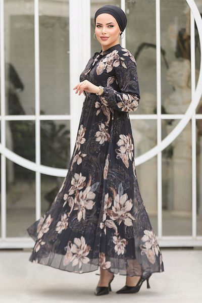 Neva Style Rochie musulmană neagră cu imprimeu floral 50355S