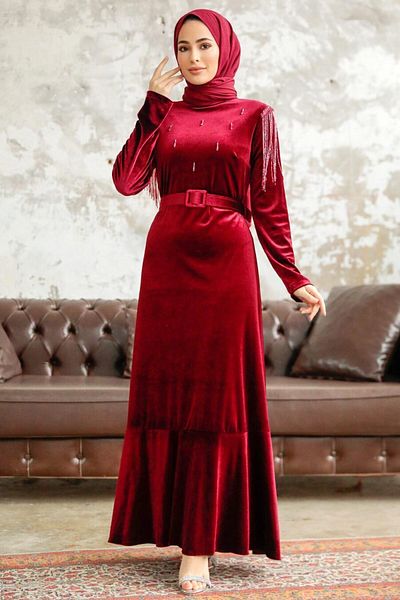 Neva Style Rochie din catifea hijab burgundy cu centura cu catarama 3748br