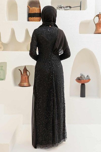 Neva Style Sequin Sequin Μαύρο Μουσουλμανικό Βραδινό Φόρεμα 56180s