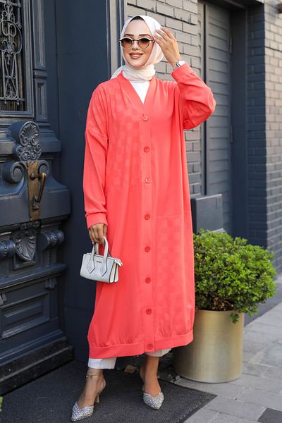 Neva Style Șapcă Hijab cu nasturi de culoare Coral - 15161MR