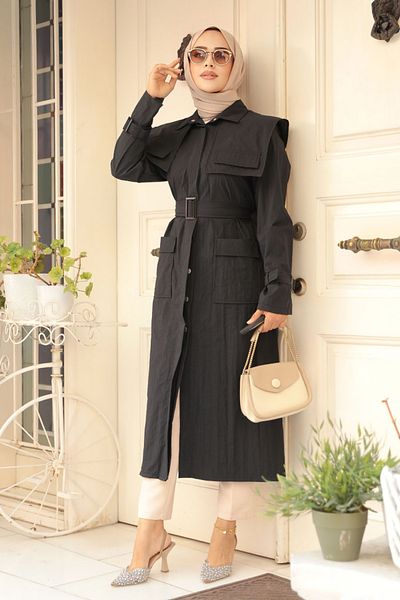 Neva Style Trenci negru Hijab - Detaliu guler marinar, 19023S