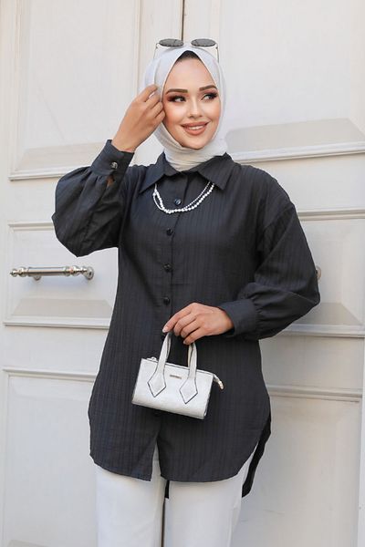 Neva Style تونيك حجاب مخطط أسود - 11905S