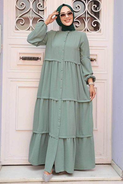 Neva Style Rochie Hijab Verde Cu Butoane 5850cy