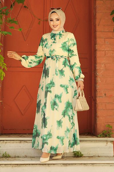 Neva Style Φόρεμα Hijab με πράσινο σχέδιο - 34461Y