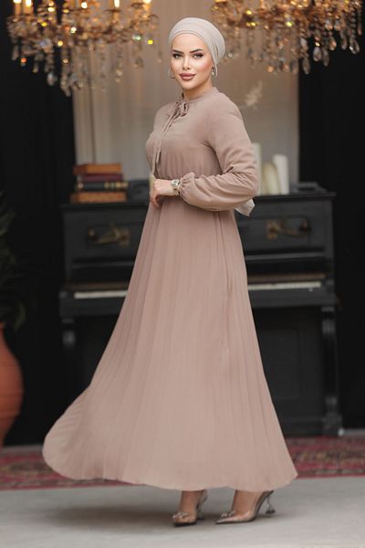 Neva Style Φόρεμα με γιακά με δέσιμο Mink Hijab 50351V