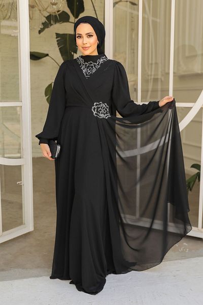 Neva Style Βραδινό φόρεμα με κεντημένο μαύρο χιτζάμπ 25882s