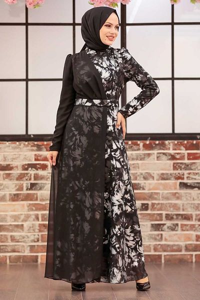 Neva Style فستان سهرة حجاب - فستان سهرة حجاب فضي منقوش 32431 جم
