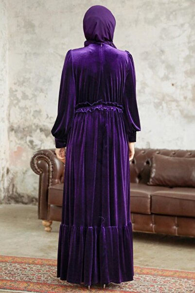 Neva Style Φόρεμα με λουλουδάτη λεπτομέρεια μωβ χιτζάμπ βελούδινο 3713MOR