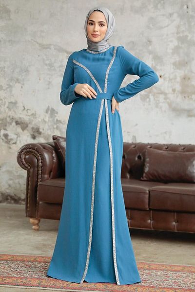 Neva Style Ζαρτιέρες Indigo Blue Hijab Βραδινό Φόρεμα 37261ım