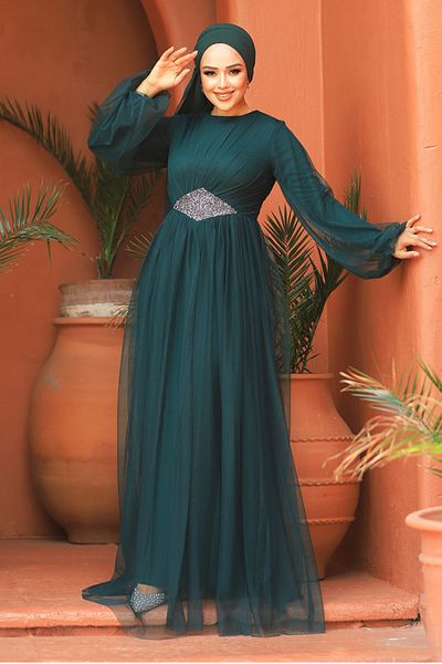 Neva Style Βραδινό φόρεμα Hijab Πράσινο Τούλι 54230y