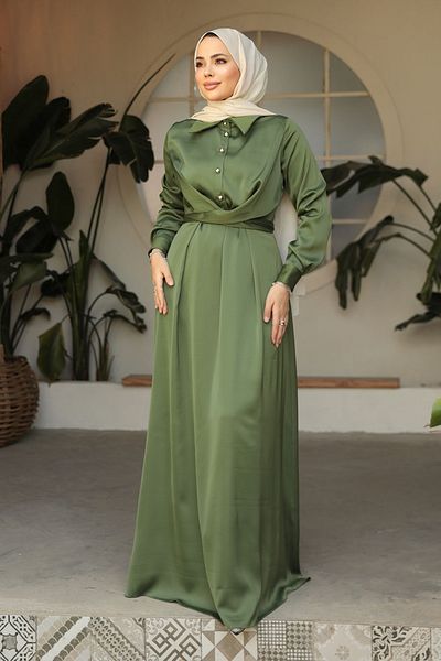 Neva Style Green Satin Hijab Dress - Button Detail, 45661CY