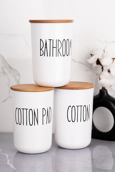 MODA OZY 3 Βαζάκια με Ξύλινο Καπάκι ηλεκτρικής σκούπας 900ml Πλαστικό Βαμβάκι/Βαμβάκι Μακιγιάζ/Οργανωτής Μπάνιου