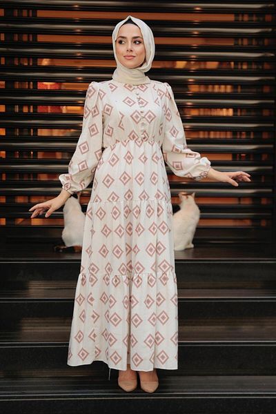 Neva Style Patterned Dark Salmon Hijab Dress 10229Ksmn