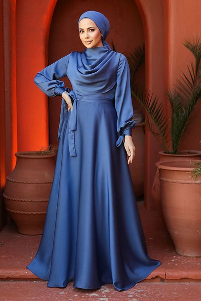 Neva Style Blue Satin Hijab Evening Dress 38031m