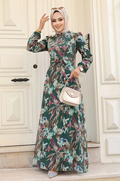 Neva Style Φόρεμα Hijab με λουλουδάτο σχέδιο Emerald Green 27941zy
