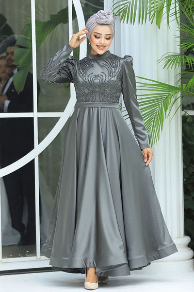 Neva Style Beaded Khaki Satin Hijab Evening Dress 23191Hk