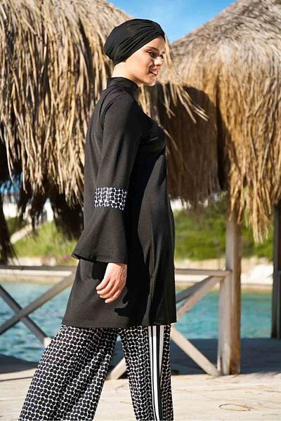 Neva Style 1960S Dot Detailed Black Hijab Swimsuit - Full Covered