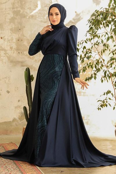Neva Style Βραδινό φόρεμα με ουρά Navy Blue Satin Hijab 22924l