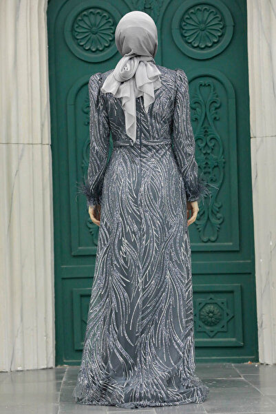 Neva Style Silvery Smoked Hijab Evening Dress 23061Fu