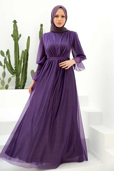 Neva Style Ασημί Μωβ Φόρεμα Βραδινό Φόρεμα Hijab 5367μωβ