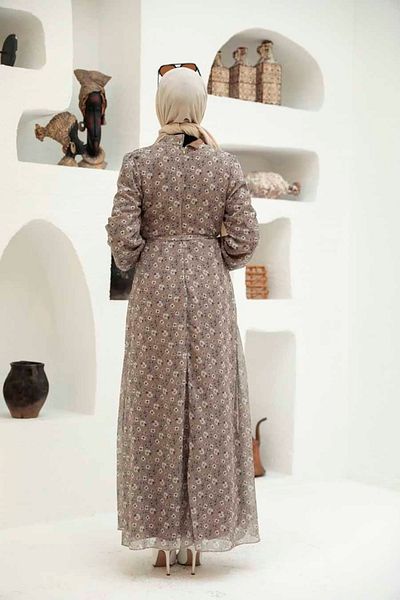 Neva Style Rochie Hijab Bej cu Motive Florale 279045bej