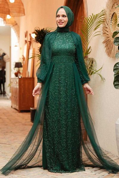 Neva Style Cape Green Hijab Evening Dress 55190Y