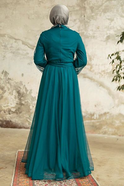 Neva Style Rochie de seara Hijab - Rochie de seara Hijab verde petrol cu detaliu perlat 25841py