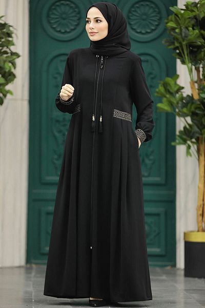 Neva Style Black Hijab Ferace with Pile Detail 45271S
