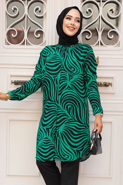 Neva Style تونيك فيسكوز أخضر - حجاب منقوش 11706Y