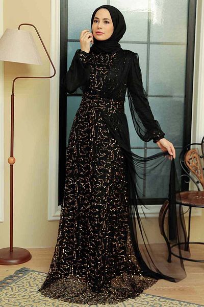 Neva Style Rochie de seara Hijab - Paiete Paiete Brodate Aur Rochie de seara Hijab 5696gold