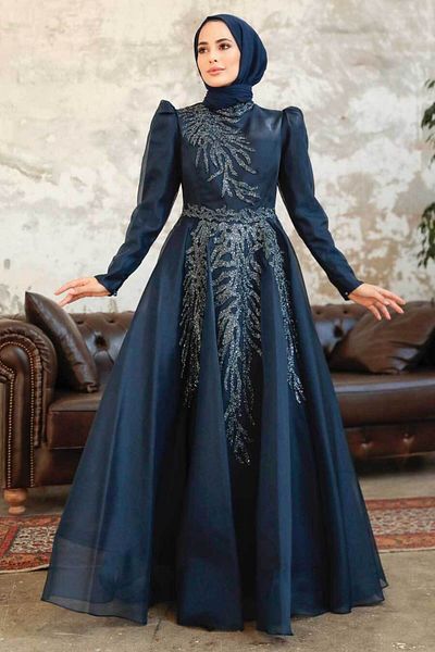 Neva Style Bead Embroidered Navy Blue Satin Hijab Evening Dress 2268L
