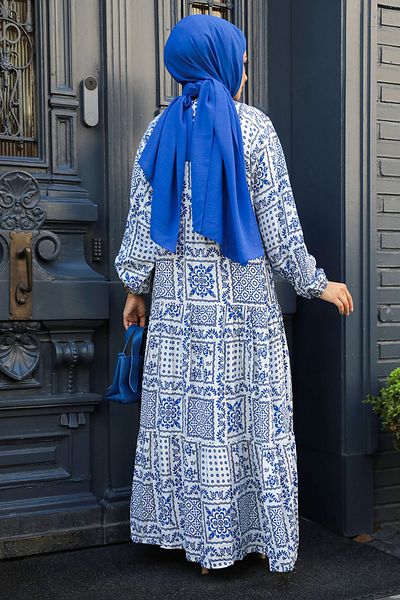 Neva Style فستان حجاب مزين باللون الأزرق النيلي - 23587IM